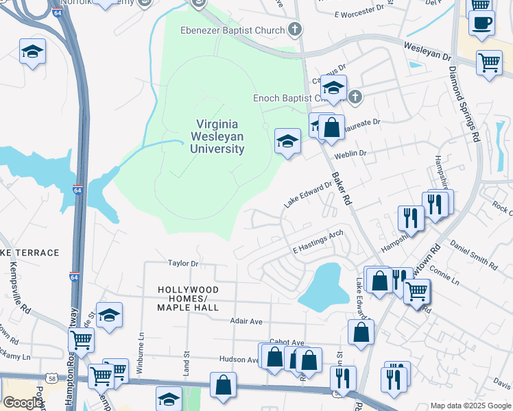 map of restaurants, bars, coffee shops, grocery stores, and more near 709 Barrison Way in Virginia Beach