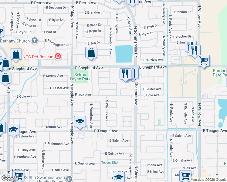 map of restaurants, bars, coffee shops, grocery stores, and more near 2289 East Lester Avenue in Fresno