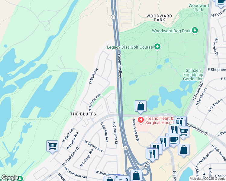 map of restaurants, bars, coffee shops, grocery stores, and more near 8680 North Glenn Avenue in Fresno