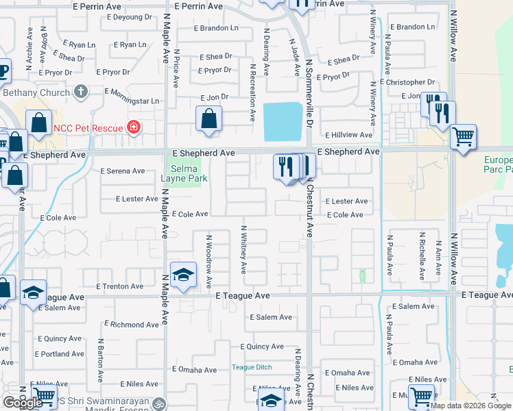 map of restaurants, bars, coffee shops, grocery stores, and more near 2289 East Lester Avenue in Fresno