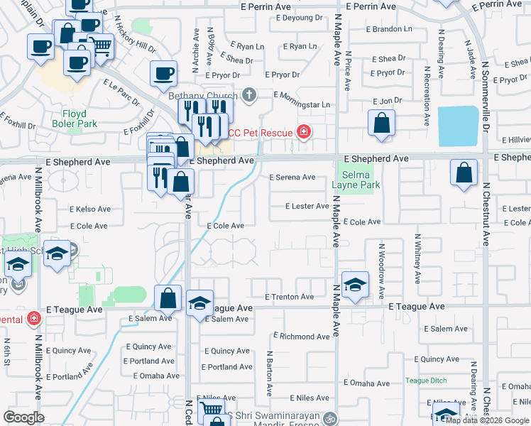 map of restaurants, bars, coffee shops, grocery stores, and more near 8816 North Barton Avenue in Fresno