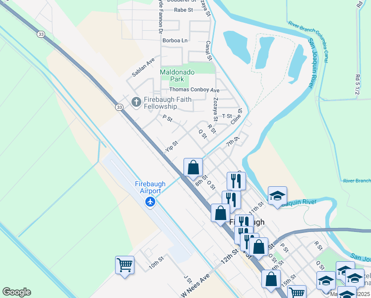 map of restaurants, bars, coffee shops, grocery stores, and more near 1526 Yip Street in Firebaugh