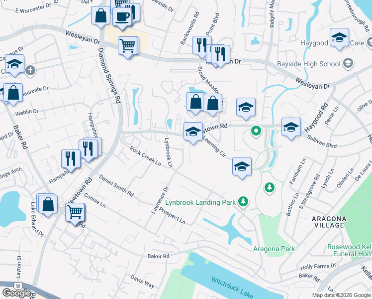 map of restaurants, bars, coffee shops, grocery stores, and more near 892 Newtown Road in Virginia Beach