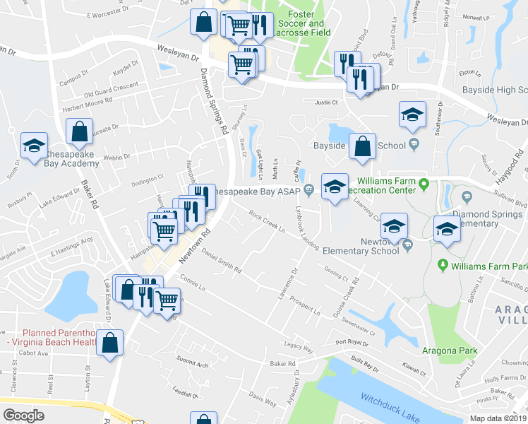 map of restaurants, bars, coffee shops, grocery stores, and more near 818SU Newtown Road in Virginia Beach