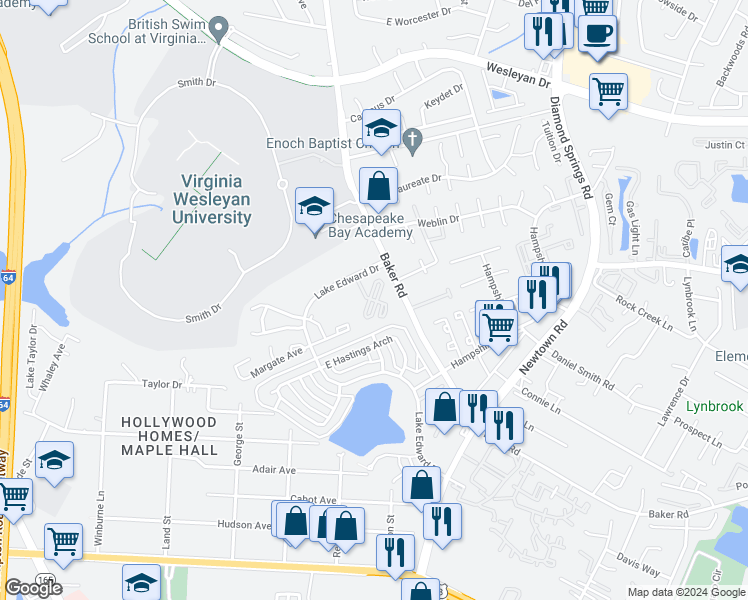 map of restaurants, bars, coffee shops, grocery stores, and more near 716 Trellis Way in Virginia Beach