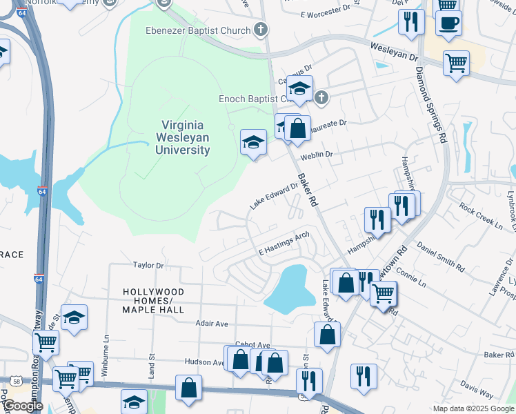 map of restaurants, bars, coffee shops, grocery stores, and more near 5804 Miss Coral Court in Virginia Beach