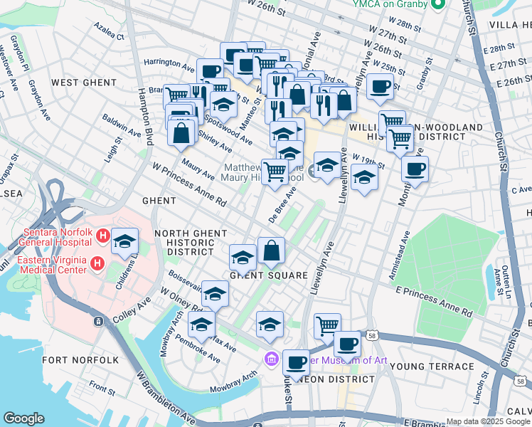 map of restaurants, bars, coffee shops, grocery stores, and more near 1316 De Bree Avenue in Norfolk