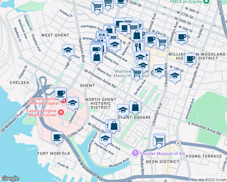 map of restaurants, bars, coffee shops, grocery stores, and more near 608 Graydon Avenue in Norfolk