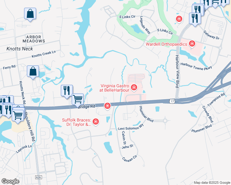 map of restaurants, bars, coffee shops, grocery stores, and more near 5812 Bernhowe Manor Lane in Suffolk