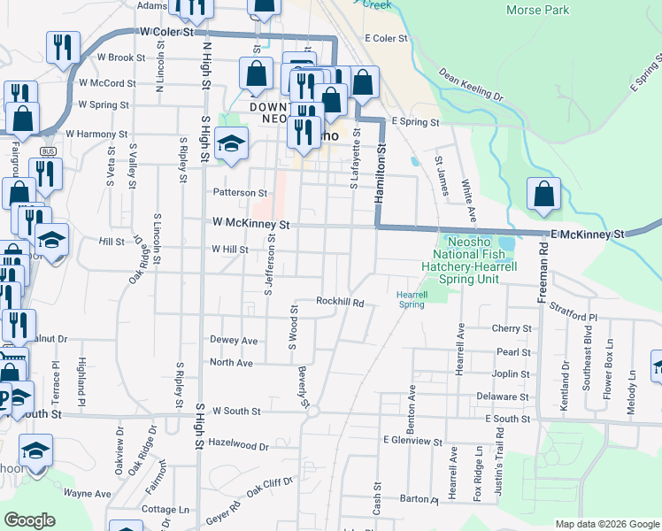 map of restaurants, bars, coffee shops, grocery stores, and more near 516 South Lafayette Street in Neosho