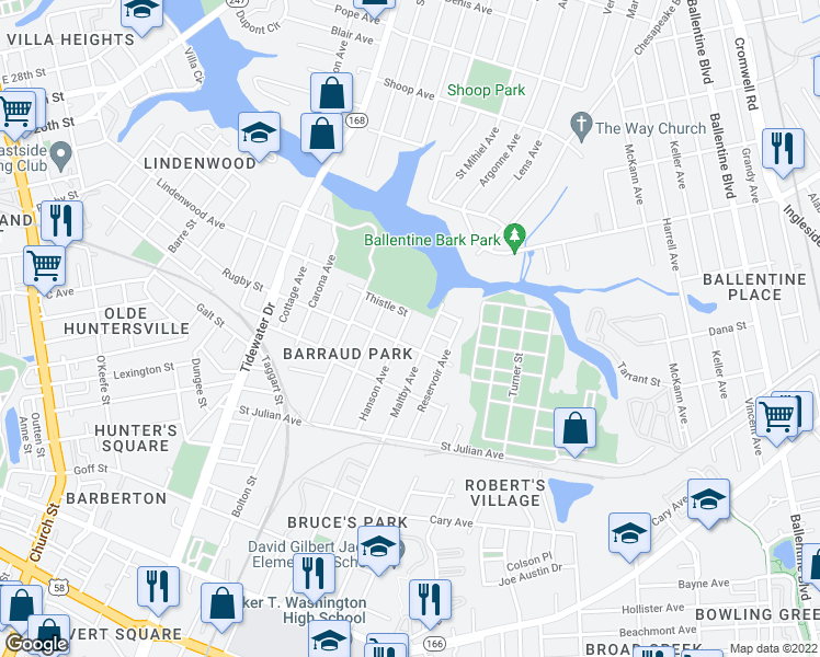 map of restaurants, bars, coffee shops, grocery stores, and more near 2412 Hanson Avenue in Norfolk