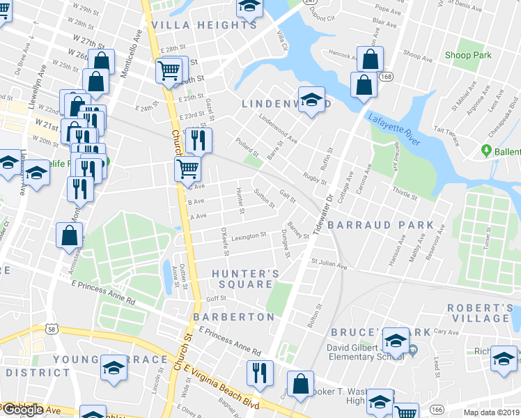 map of restaurants, bars, coffee shops, grocery stores, and more near 889 A Avenue in Norfolk