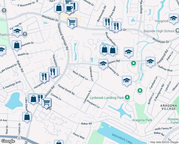 map of restaurants, bars, coffee shops, grocery stores, and more near 5537 Lynbrook Landing in Virginia Beach