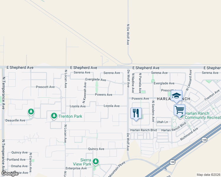 map of restaurants, bars, coffee shops, grocery stores, and more near 1841 North Twinberry Avenue in Clovis