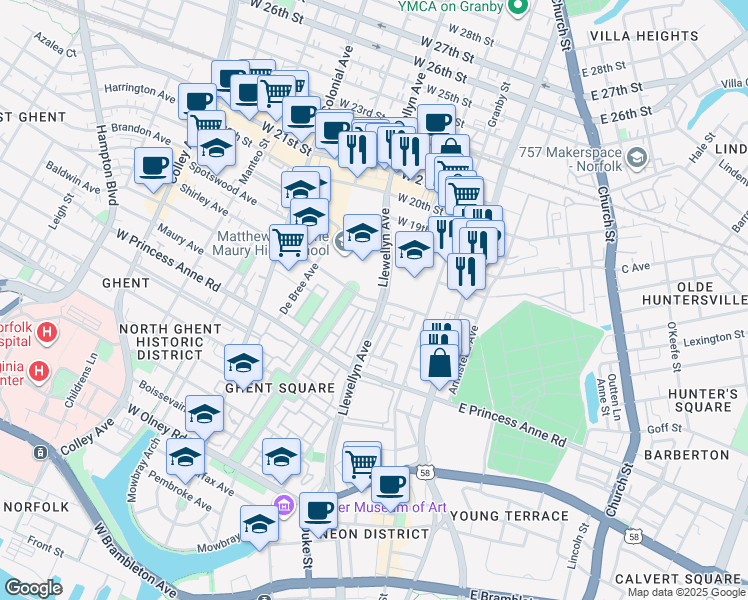 map of restaurants, bars, coffee shops, grocery stores, and more near 322 Shirley Avenue in Norfolk