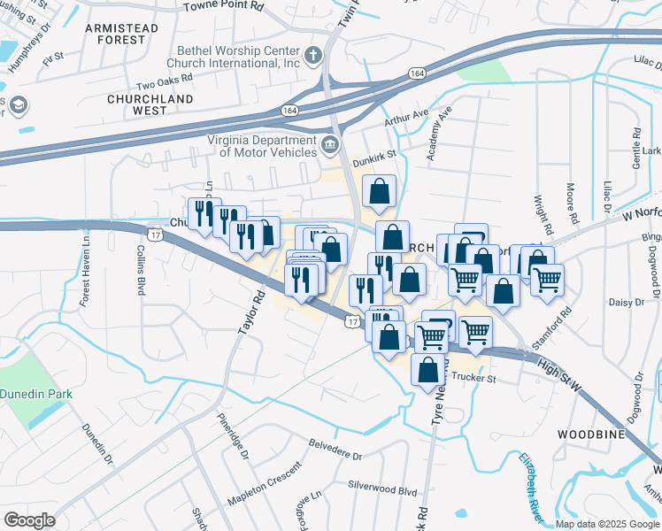 map of restaurants, bars, coffee shops, grocery stores, and more near 3802 Poplar Hill Road in Chesapeake