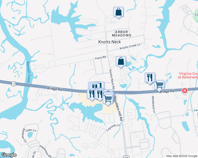 map of restaurants, bars, coffee shops, grocery stores, and more near 5817 Walden Road in Suffolk