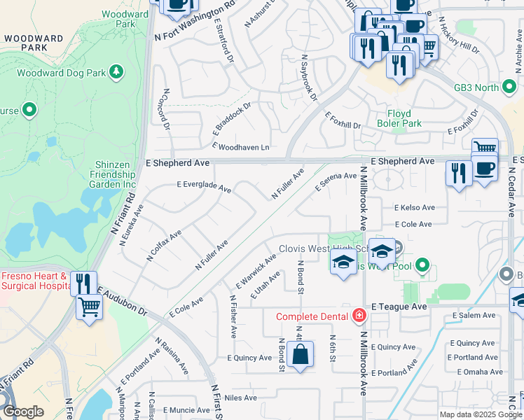 map of restaurants, bars, coffee shops, grocery stores, and more near 606 East Everglade Avenue in Fresno