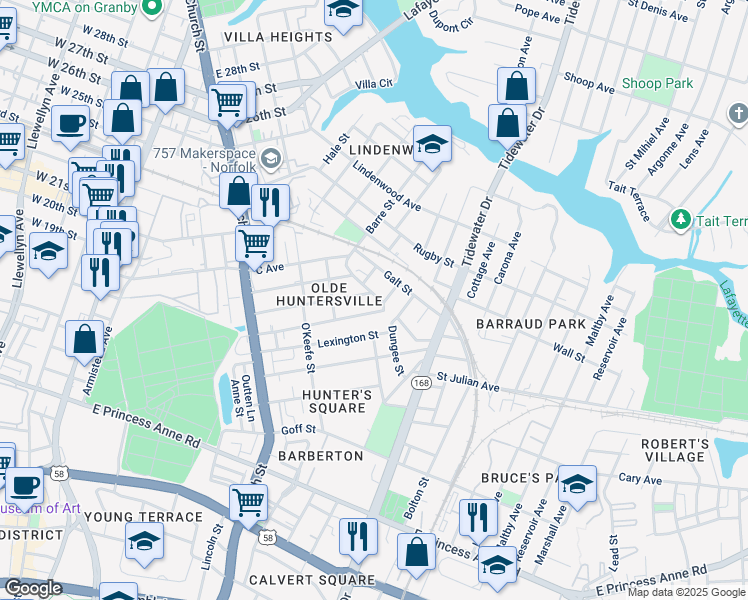map of restaurants, bars, coffee shops, grocery stores, and more near 947 Sutton St in Norfolk