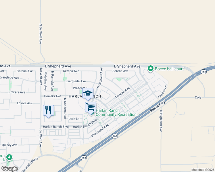 map of restaurants, bars, coffee shops, grocery stores, and more near 1867 North Rector Avenue in Clovis