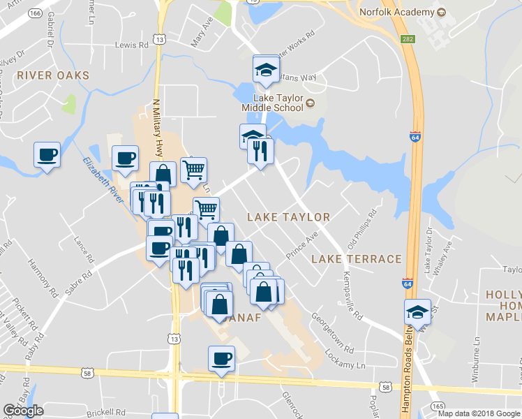 map of restaurants, bars, coffee shops, grocery stores, and more near 1209 Pascal Place in Norfolk