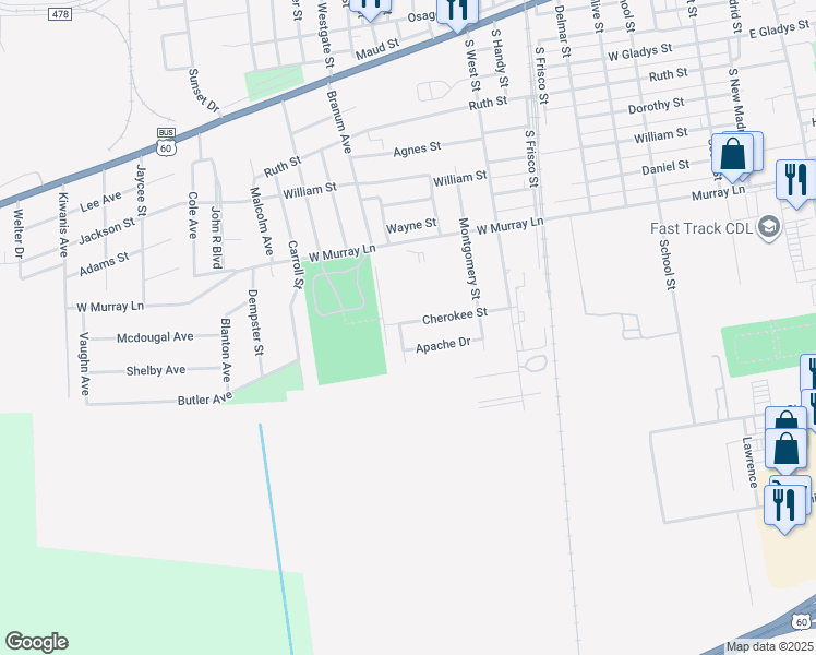 map of restaurants, bars, coffee shops, grocery stores, and more near 817 Cherokee Street in Sikeston