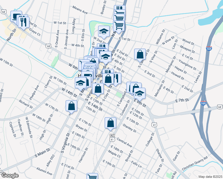 map of restaurants, bars, coffee shops, grocery stores, and more near 401 East 9th Street in Hopkinsville
