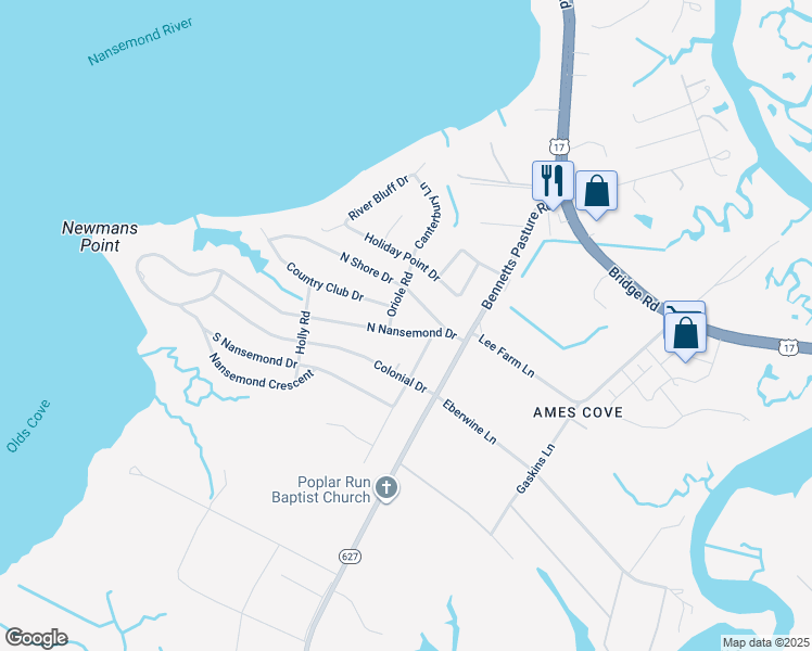 map of restaurants, bars, coffee shops, grocery stores, and more near 2840 North Nansemond Drive in Suffolk