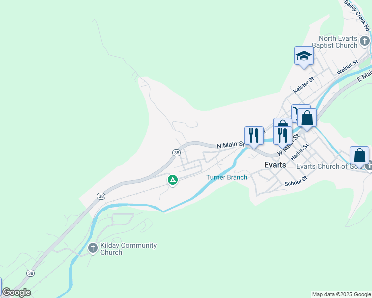 map of restaurants, bars, coffee shops, grocery stores, and more near 108 Van Street in Evarts