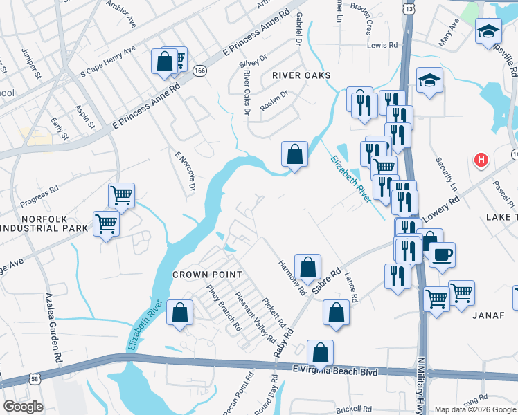 map of restaurants, bars, coffee shops, grocery stores, and more near 5513 Typo Lane in Norfolk