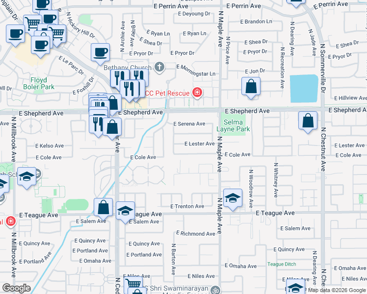 map of restaurants, bars, coffee shops, grocery stores, and more near 1805 East Lester Avenue in Fresno