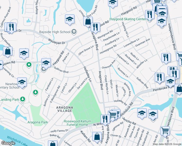 map of restaurants, bars, coffee shops, grocery stores, and more near 837 Brinson Lane in Virginia Beach