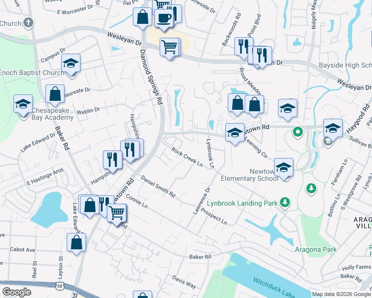 map of restaurants, bars, coffee shops, grocery stores, and more near 818SU Newtown Road in Virginia Beach