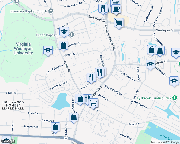 map of restaurants, bars, coffee shops, grocery stores, and more near 5600 Banbury Court in Virginia Beach
