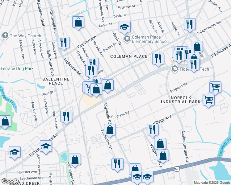 map of restaurants, bars, coffee shops, grocery stores, and more near 3502 East Princess Anne Road in Norfolk