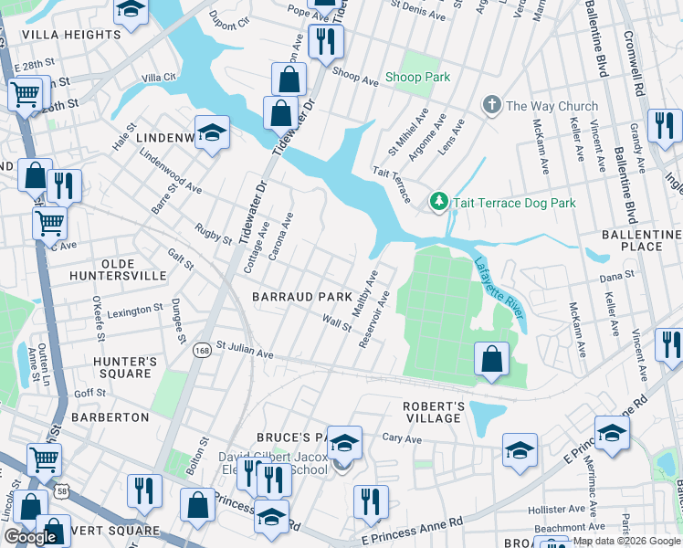 map of restaurants, bars, coffee shops, grocery stores, and more near 2412 Hanson Avenue in Norfolk