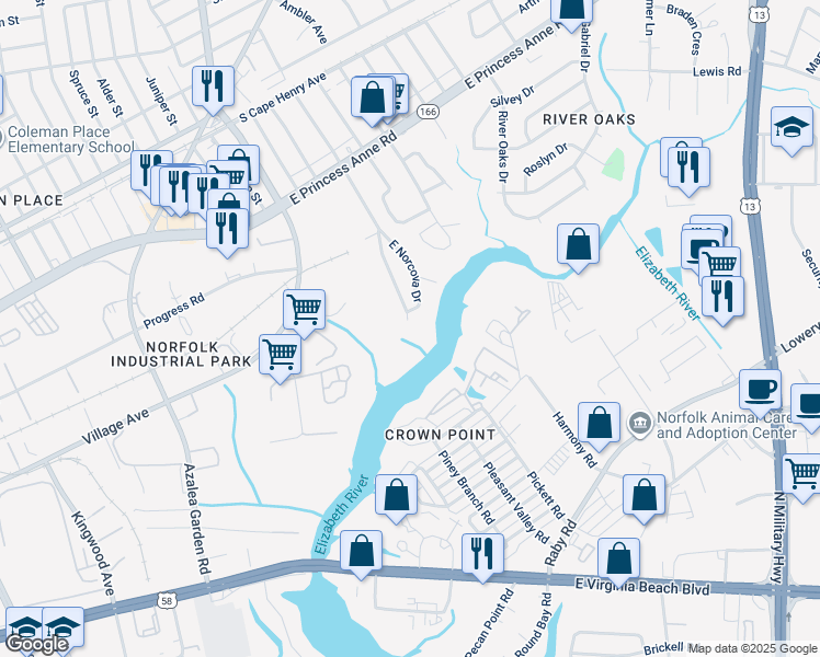 map of restaurants, bars, coffee shops, grocery stores, and more near 1300 West Norcova Drive in Norfolk