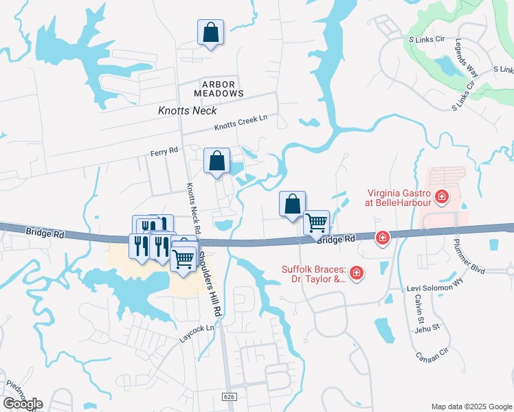 map of restaurants, bars, coffee shops, grocery stores, and more near 1200 Bridgeport Way in Suffolk