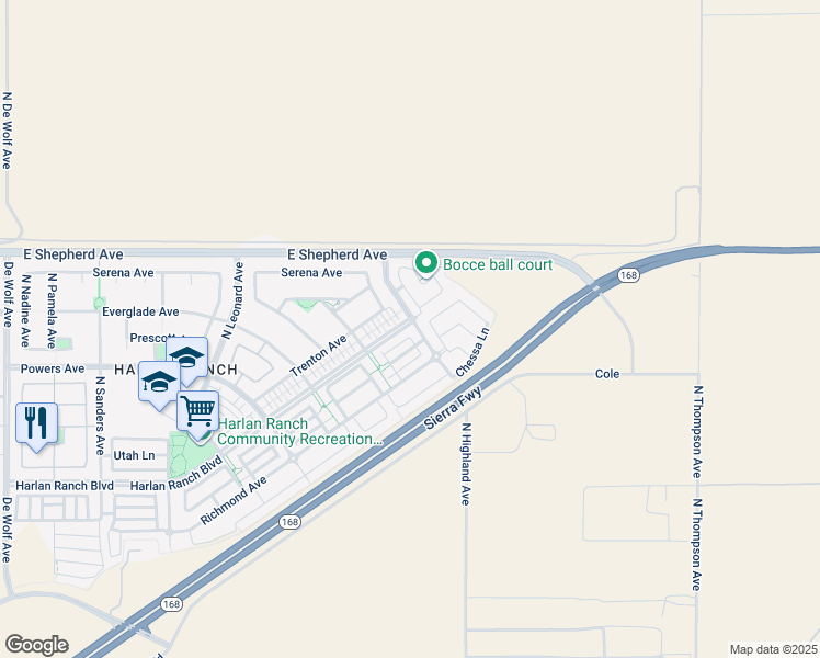 map of restaurants, bars, coffee shops, grocery stores, and more near 4179 Harlan Ranch Boulevard in Clovis