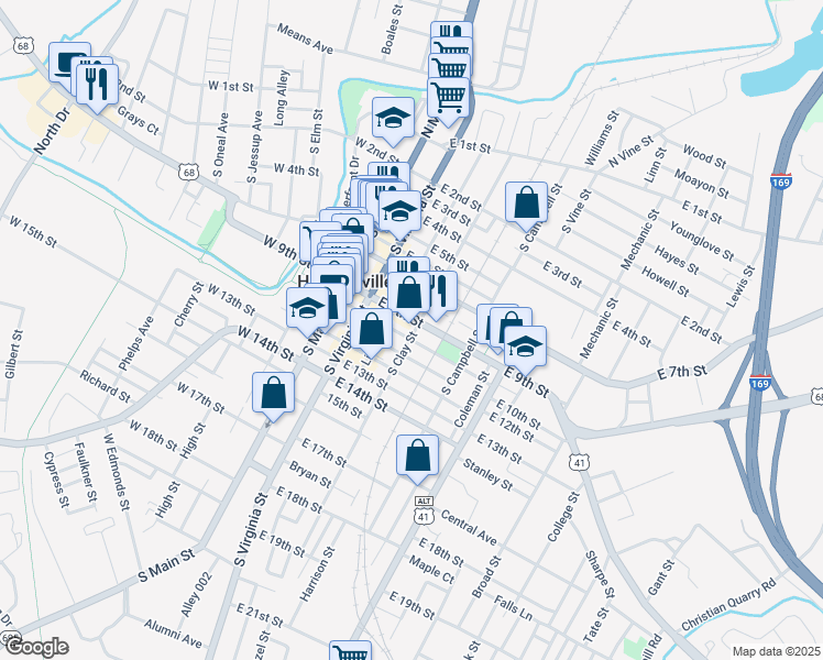 map of restaurants, bars, coffee shops, grocery stores, and more near 401 East 9th Street in Hopkinsville
