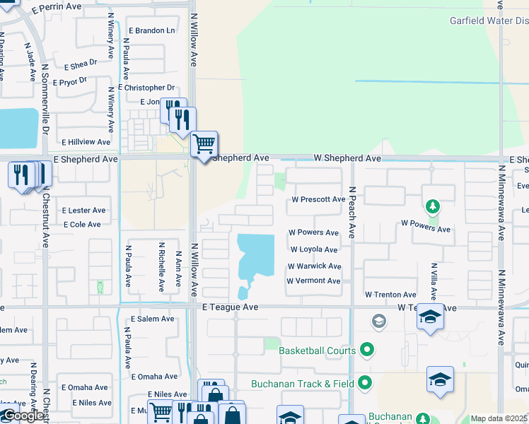 map of restaurants, bars, coffee shops, grocery stores, and more near 627 West Lisbon Lane in Clovis