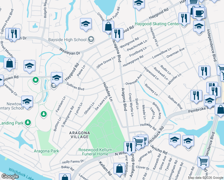 map of restaurants, bars, coffee shops, grocery stores, and more near 837 Brinson Lane in Virginia Beach