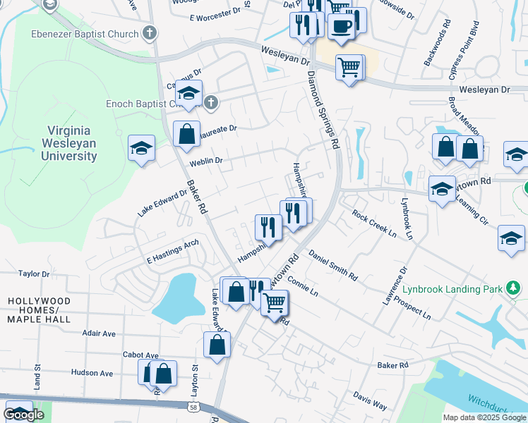 map of restaurants, bars, coffee shops, grocery stores, and more near 5600 Banbury Court in Virginia Beach