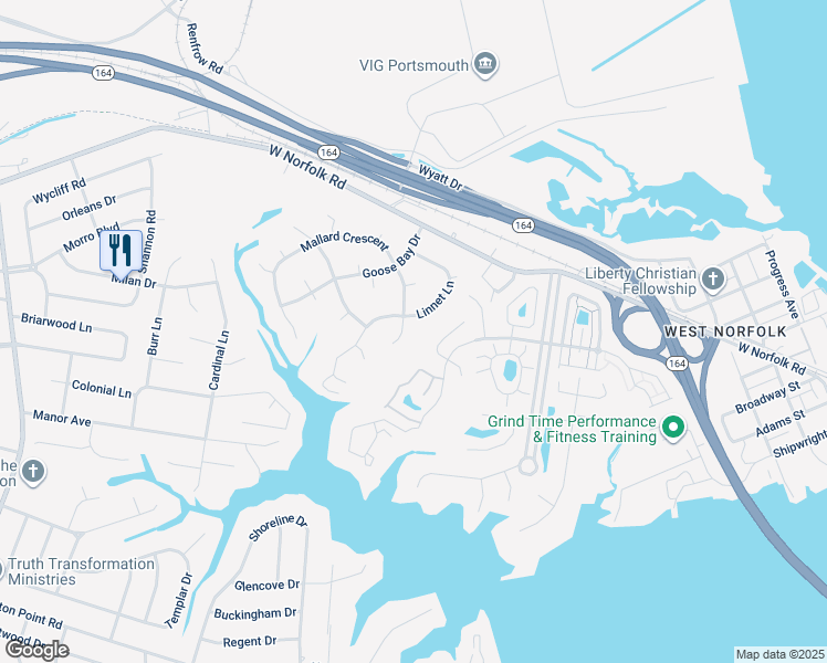 map of restaurants, bars, coffee shops, grocery stores, and more near 4420 Mallard Crescent in Portsmouth
