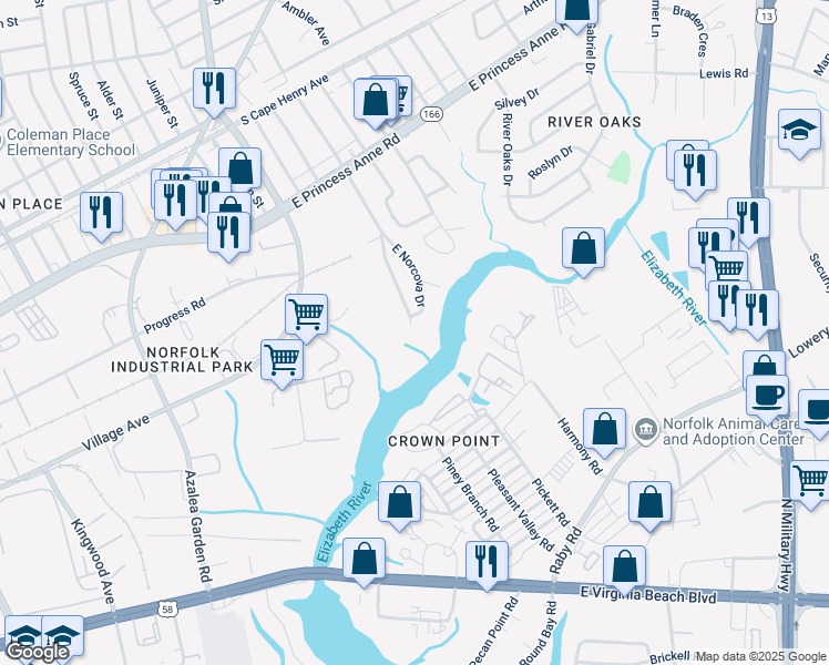 map of restaurants, bars, coffee shops, grocery stores, and more near 1300 West Norcova Drive in Norfolk