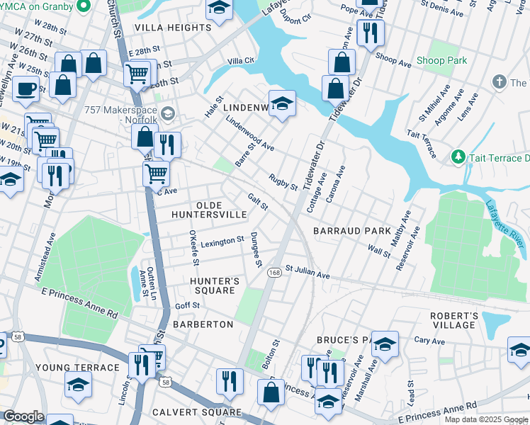 map of restaurants, bars, coffee shops, grocery stores, and more near 1015 Galt St in Norfolk