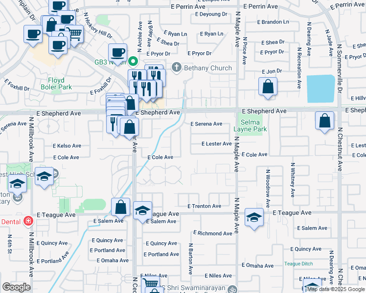 map of restaurants, bars, coffee shops, grocery stores, and more near 8816 North Barton Avenue in Fresno