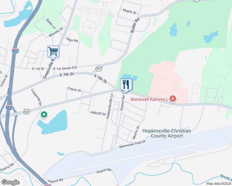 map of restaurants, bars, coffee shops, grocery stores, and more near 1255 Jefferson Davis Highway in Hopkinsville
