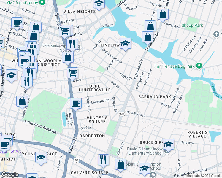 map of restaurants, bars, coffee shops, grocery stores, and more near 952 Sutton Street in Norfolk