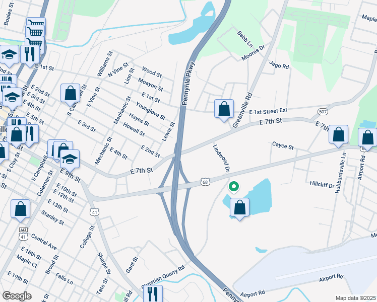 map of restaurants, bars, coffee shops, grocery stores, and more near 1417 East 7th Street in Hopkinsville